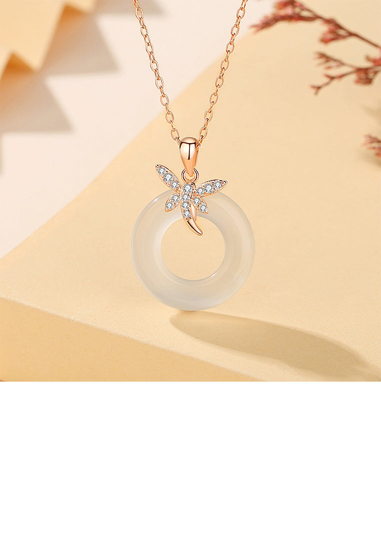 925 Sterling Silver Plated Rose Gold Fashion and Elegant Butterfly Safety Buckle Pendant with Cubic Zirconia and Necklace - Luxurious Look