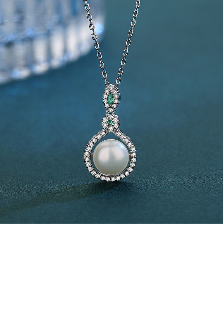 925 Sterling Silver Fashion Elegant Teardrop Shape Geometric Imitation Pearl Pendant with Cubic Zirconia and Necklace - Luxurious Look