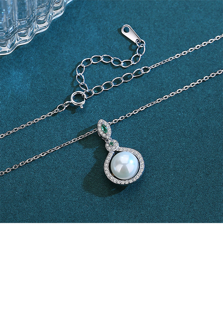 925 Sterling Silver Fashion Elegant Teardrop Shape Geometric Imitation Pearl Pendant with Cubic Zirconia and Necklace - Luxurious Look