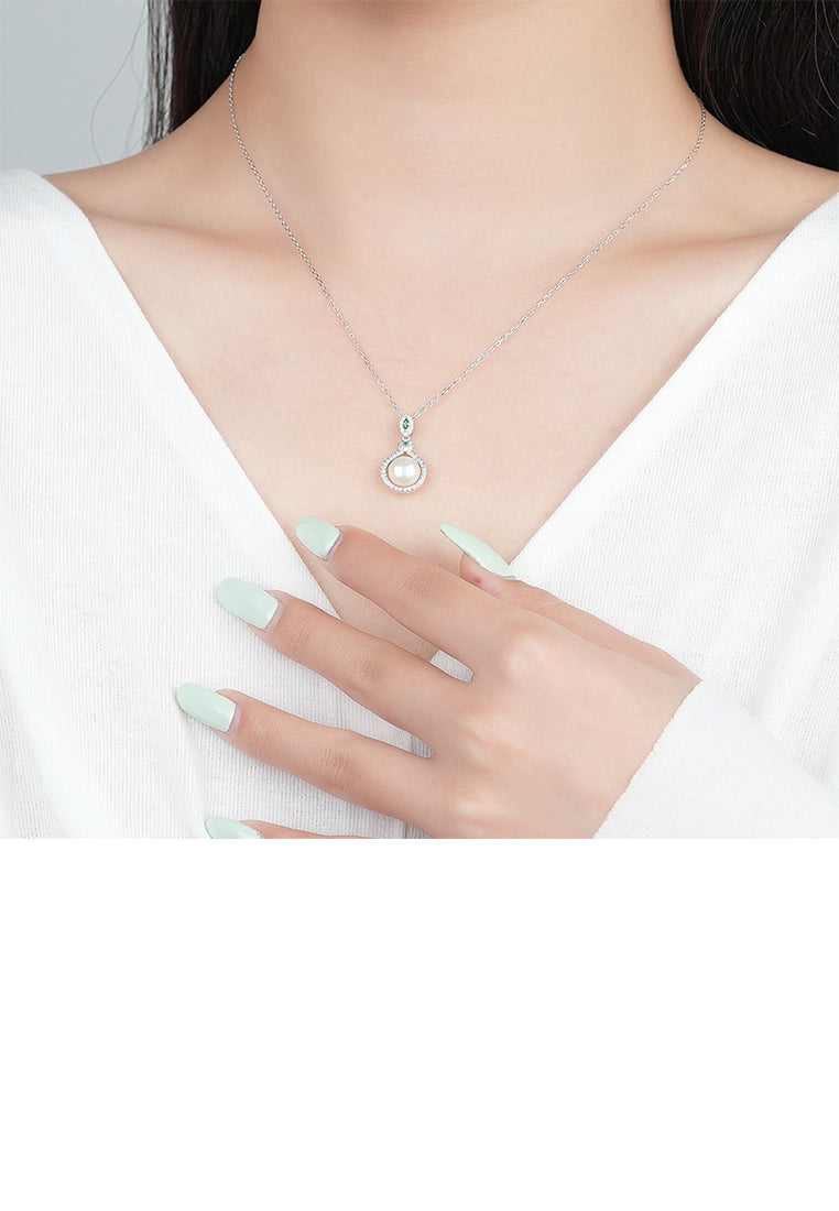 925 Sterling Silver Fashion Elegant Teardrop Shape Geometric Imitation Pearl Pendant with Cubic Zirconia and Necklace - Luxurious Look