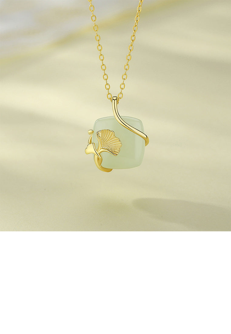 925 Sterling Silver Plated Gold Fashion Ginkgo Leaf Geometric Square Pendant with Necklace