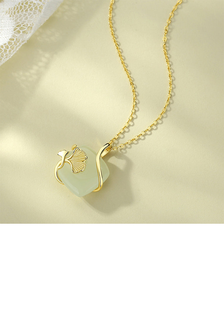 925 Sterling Silver Plated Gold Fashion Ginkgo Leaf Geometric Square Pendant with Necklace