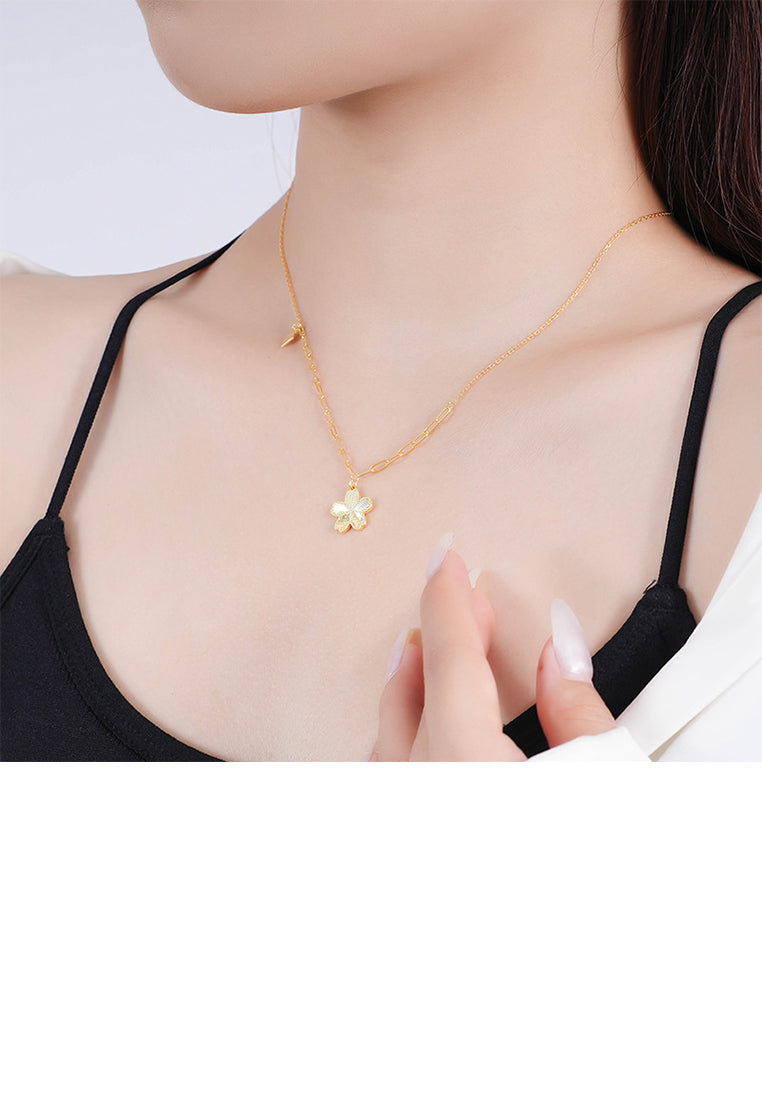 925 Sterling Silver Plated Gold Simple Fashion Flower Pendant with Necklace