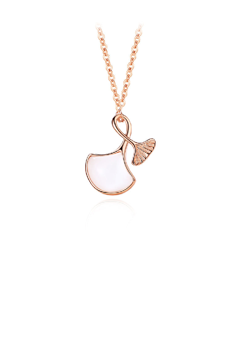 925 Sterling Silver Plated Rose Gold Fashion Simple Ginkgo Leaf Imitation Opal Pendant with Necklace