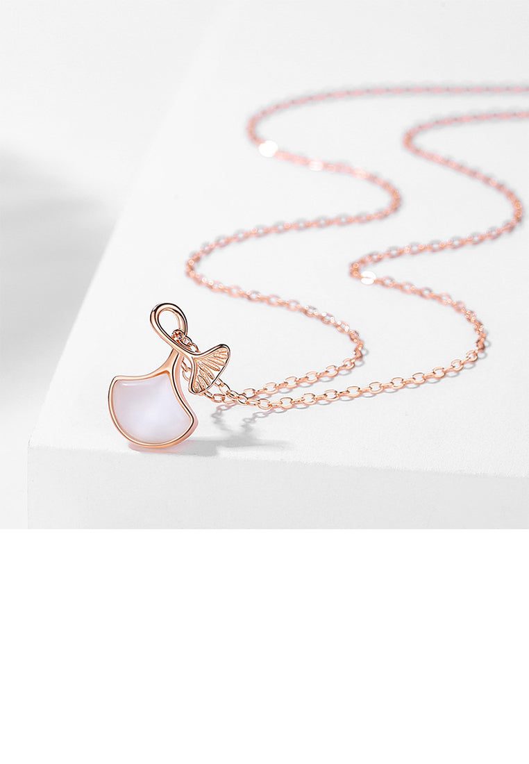 925 Sterling Silver Plated Rose Gold Fashion Simple Ginkgo Leaf Imitation Opal Pendant with Necklace