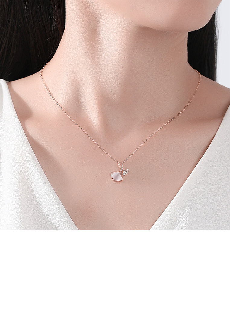 925 Sterling Silver Plated Rose Gold Fashion Simple Ginkgo Leaf Imitation Opal Pendant with Necklace