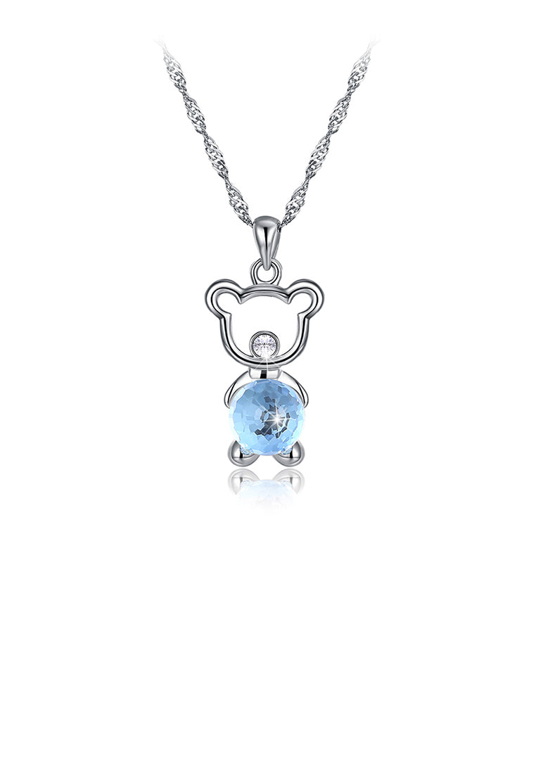 925 Sterling Silver Fashion Cute Little Bear Pendant Necklace with Blue Austrian Element Crystal