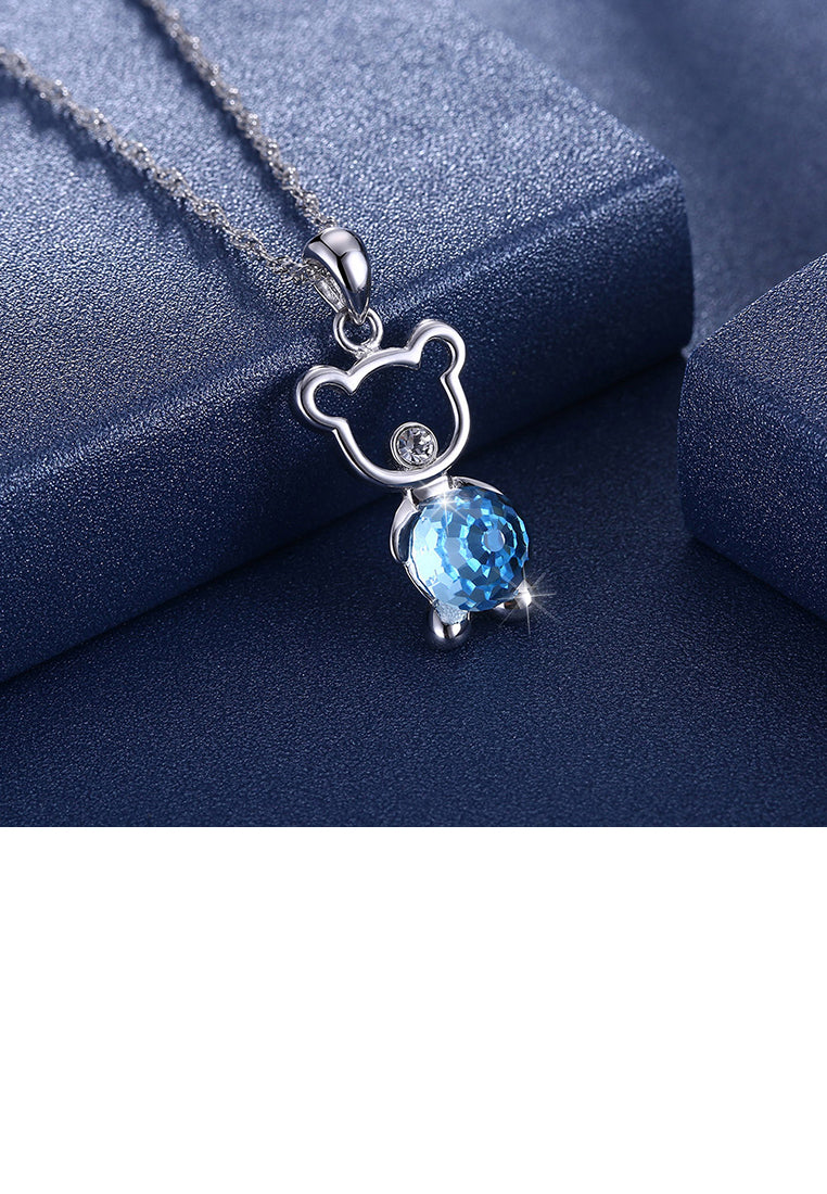 925 Sterling Silver Fashion Cute Little Bear Pendant Necklace with Blue Austrian Element Crystal