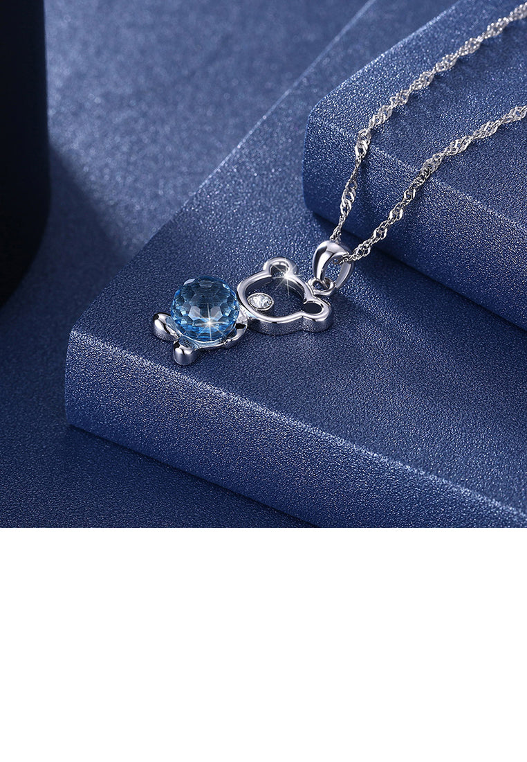 925 Sterling Silver Fashion Cute Little Bear Pendant Necklace with Blue Austrian Element Crystal