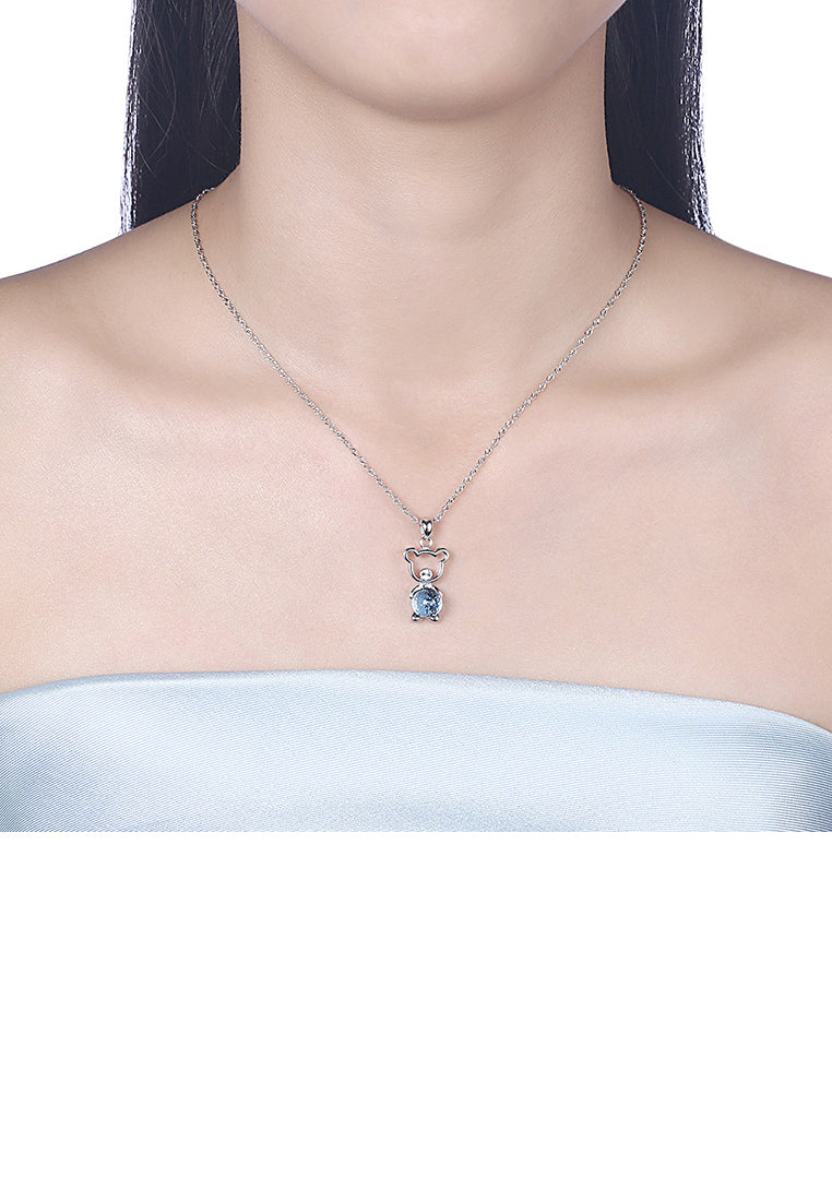 925 Sterling Silver Fashion Cute Little Bear Pendant Necklace with Blue Austrian Element Crystal
