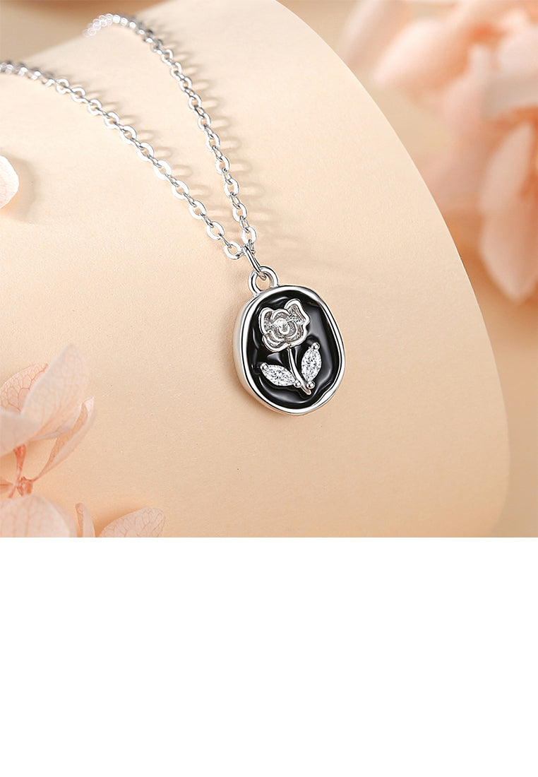 925 Sterling Silver Fashion Rose Enamel Geometric Pendant with Cubic Zirconia and Necklace - Luxurious Look