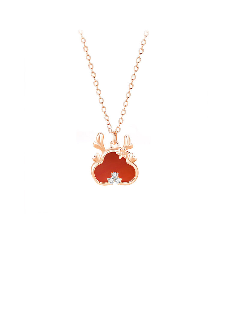 925 Sterling Silver Plated Rose Gold Fashion Cute Cartoon Dragon Imitation Agate Pendant with Cubic Zirconia and Necklace - Luxurious Look