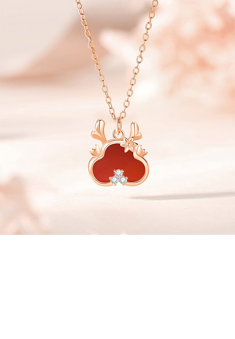 925 Sterling Silver Plated Rose Gold Fashion Cute Cartoon Dragon Imitation Agate Pendant with Cubic Zirconia and Necklace - Luxurious Look