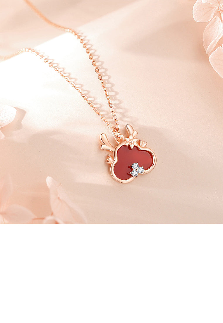 925 Sterling Silver Plated Rose Gold Fashion Cute Cartoon Dragon Imitation Agate Pendant with Cubic Zirconia and Necklace - Luxurious Look