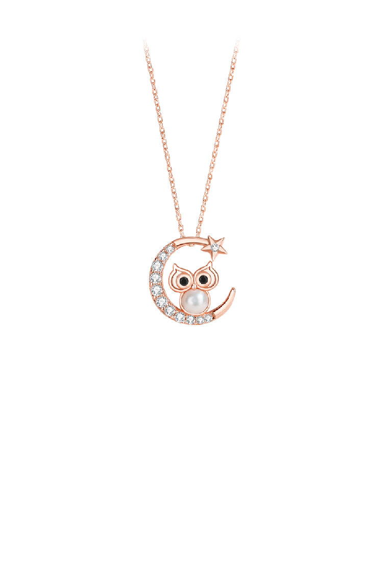 925 Sterling Silver Plated Rose Gold Fashion Temperament Moon Owl Imitation Pearl Pendant with Cubic Zirconia and Necklace - Luxurious Look