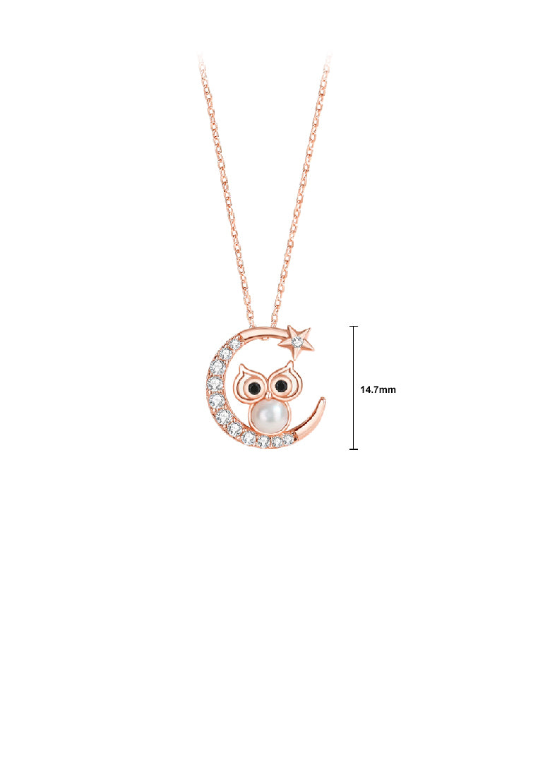 925 Sterling Silver Plated Rose Gold Fashion Temperament Moon Owl Imitation Pearl Pendant with Cubic Zirconia and Necklace - Luxurious Look