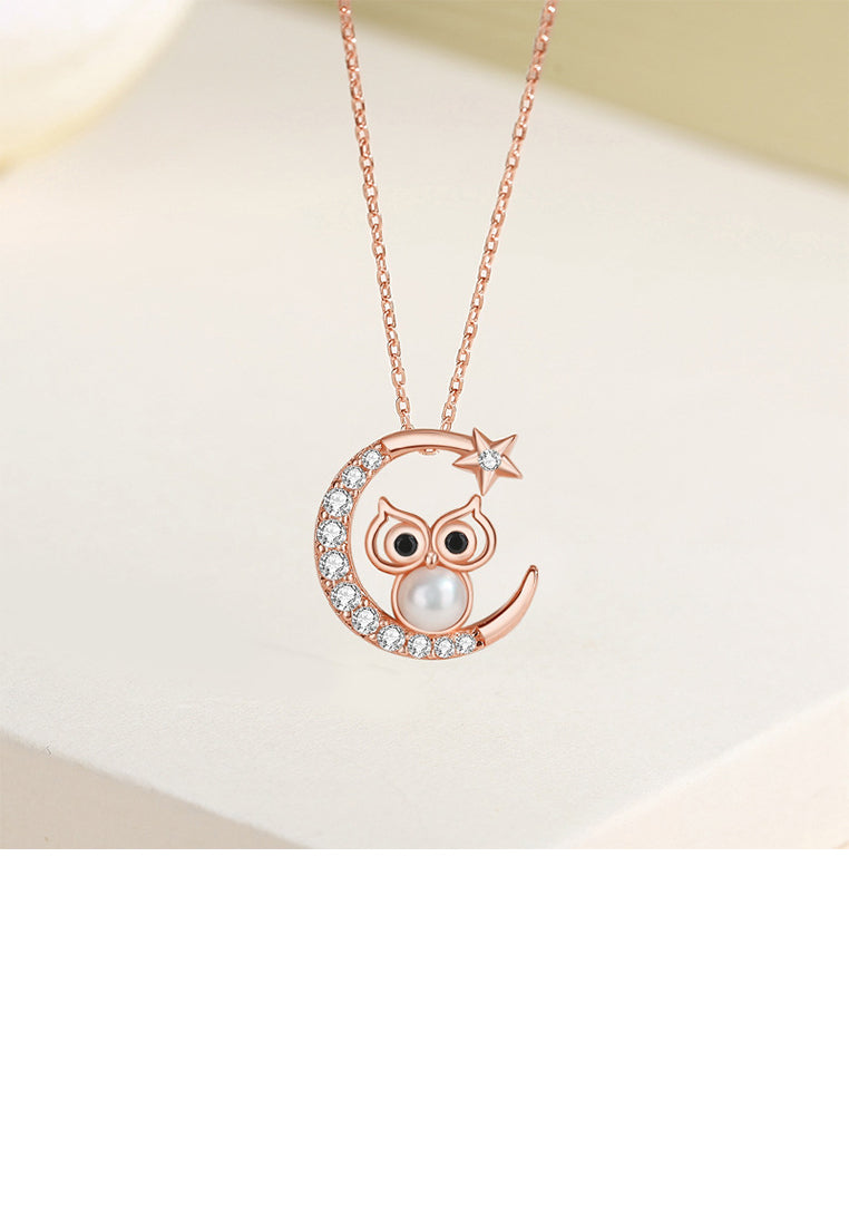 925 Sterling Silver Plated Rose Gold Fashion Temperament Moon Owl Imitation Pearl Pendant with Cubic Zirconia and Necklace - Luxurious Look