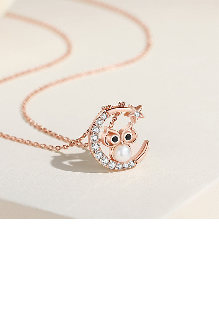 925 Sterling Silver Plated Rose Gold Fashion Temperament Moon Owl Imitation Pearl Pendant with Cubic Zirconia and Necklace - Luxurious Look