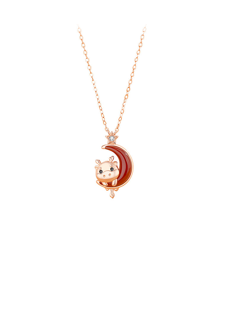 925 Sterling Silver Plated Rose Gold Fashion and Cute Chinese Zodiac Dragon Moon Imitation Agate Pendant with Cubic Zirconia and Necklace - Luxurious Look