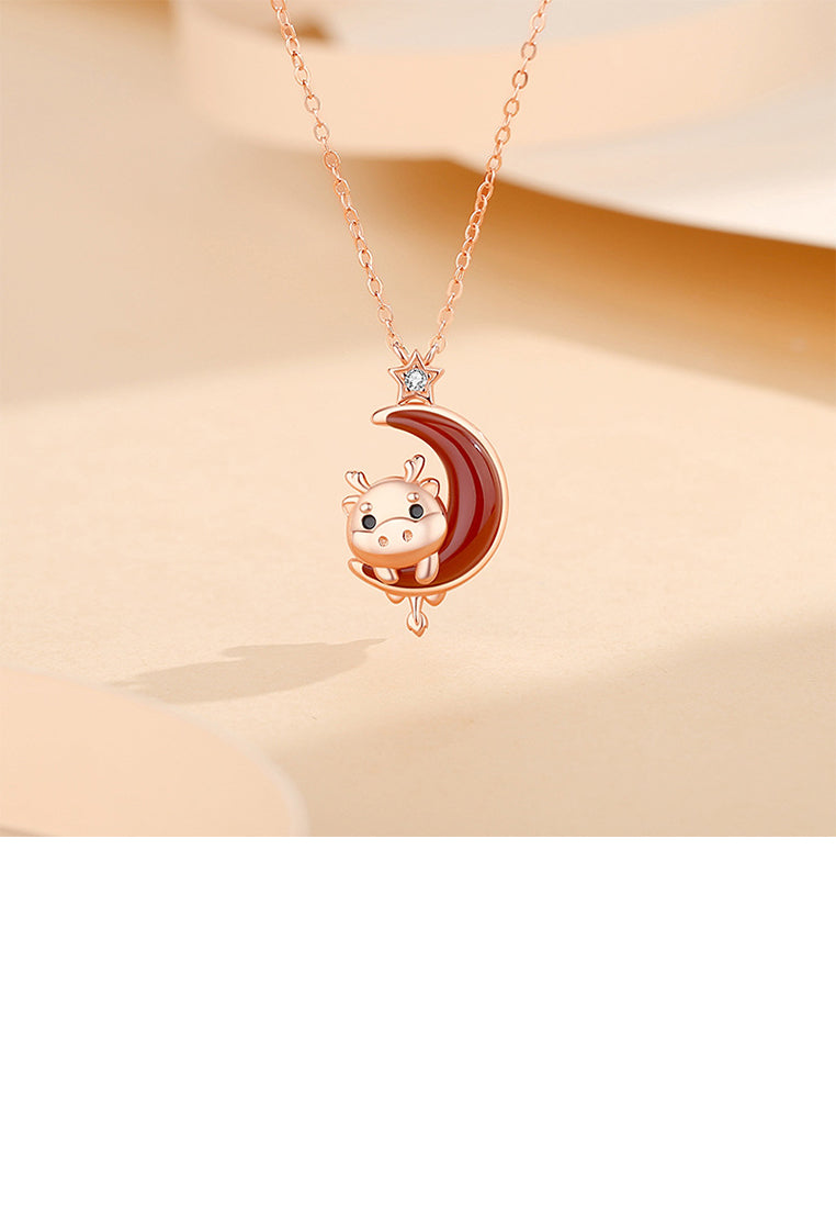 925 Sterling Silver Plated Rose Gold Fashion and Cute Chinese Zodiac Dragon Moon Imitation Agate Pendant with Cubic Zirconia and Necklace - Luxurious Look