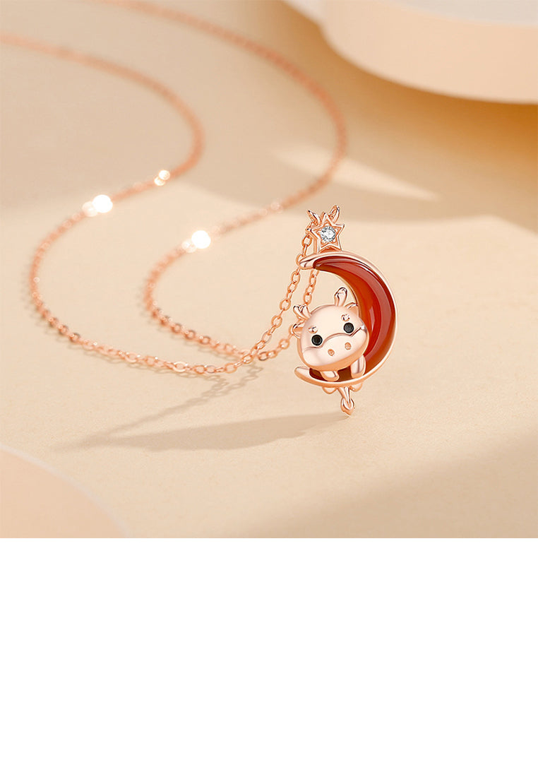 925 Sterling Silver Plated Rose Gold Fashion and Cute Chinese Zodiac Dragon Moon Imitation Agate Pendant with Cubic Zirconia and Necklace - Luxurious Look