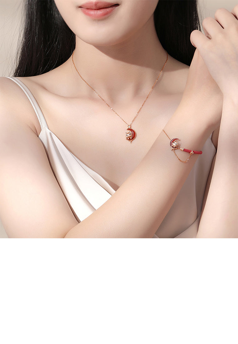 925 Sterling Silver Plated Rose Gold Fashion and Cute Chinese Zodiac Dragon Moon Imitation Agate Pendant with Cubic Zirconia and Necklace - Luxurious Look