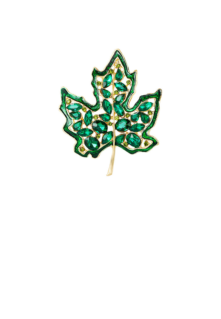 Fashion and Elegant Plated Gold Hollow Maple Leaf Brooch with Green Cubic Zirconia - Luxurious Look