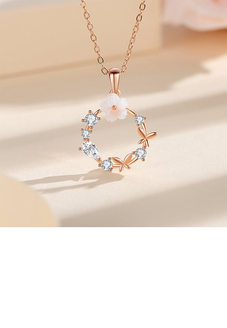 925 Sterling Silver Plated Rose Gold Fashion Temperament Flower Butterfly Pendant with Cubic Zirconia and Necklace - Luxurious Look