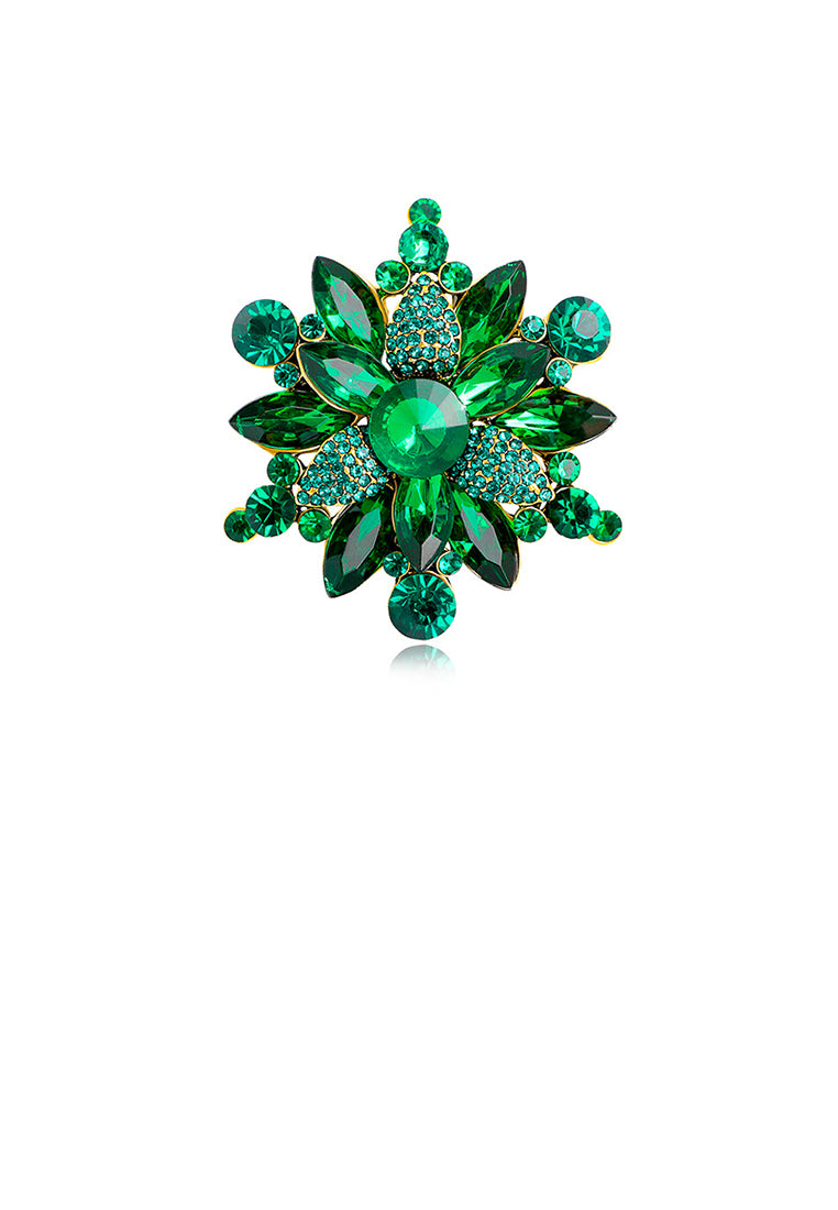 Fashion Brilliant Plated Gold Flower Brooch with Green Cubic Zirconia - Luxurious Look