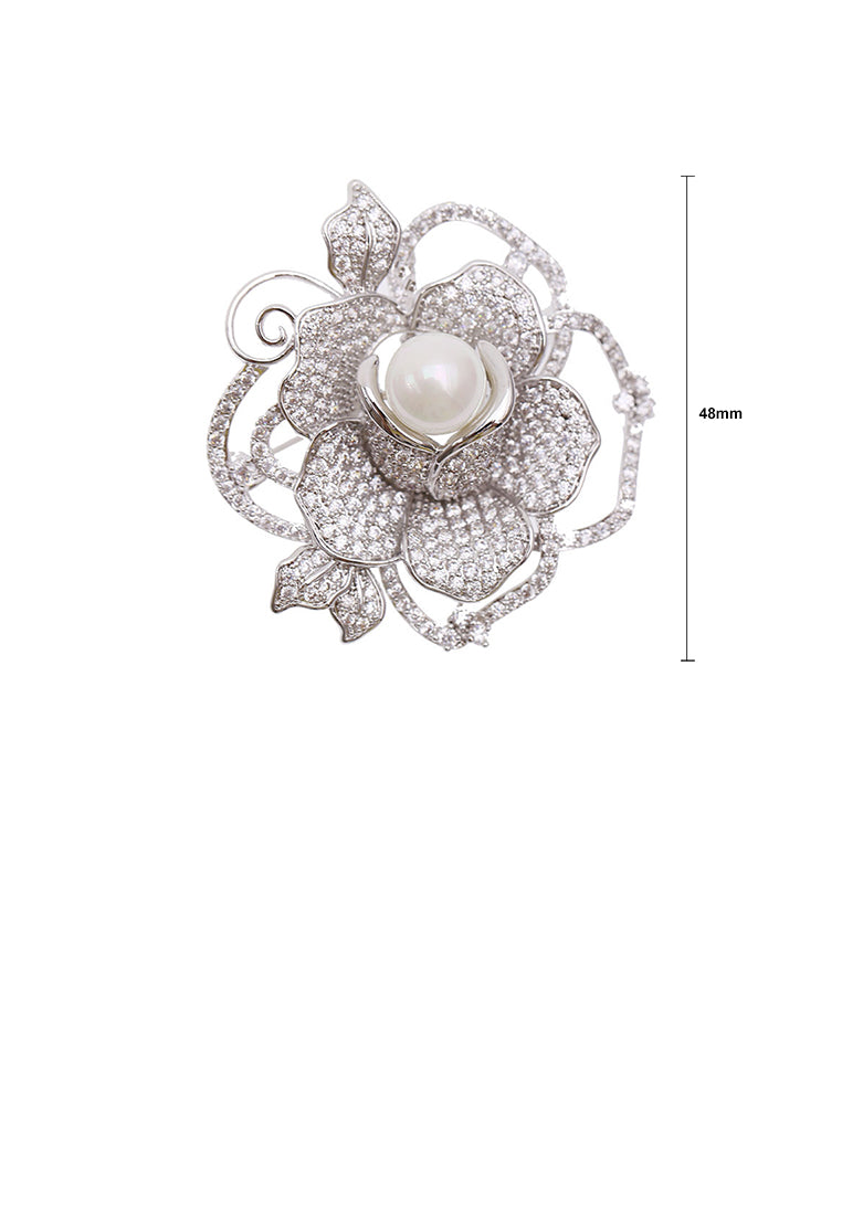 Brilliant Temperament Floral Imitation Pearl Brooch with Cubic Zirconia - Luxurious Look