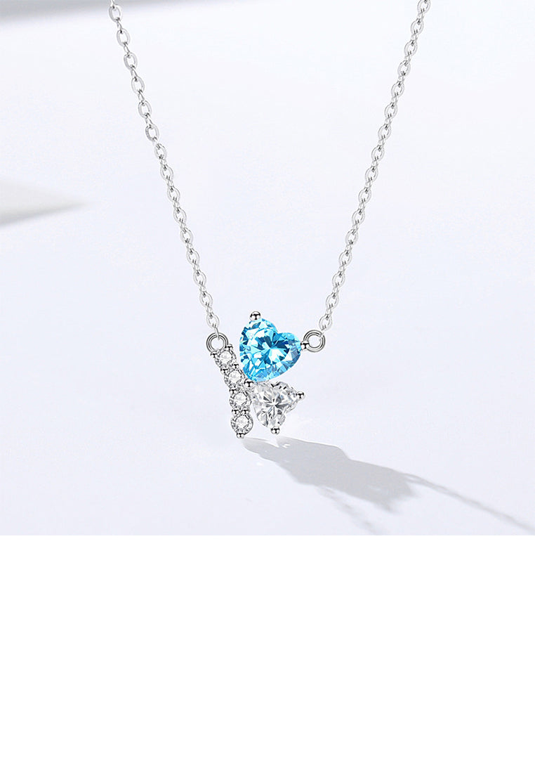 925 Sterling Silver Fashion Brilliant Butterfly Pendant with Blue Cubic Zirconia and Necklace - Luxurious Look