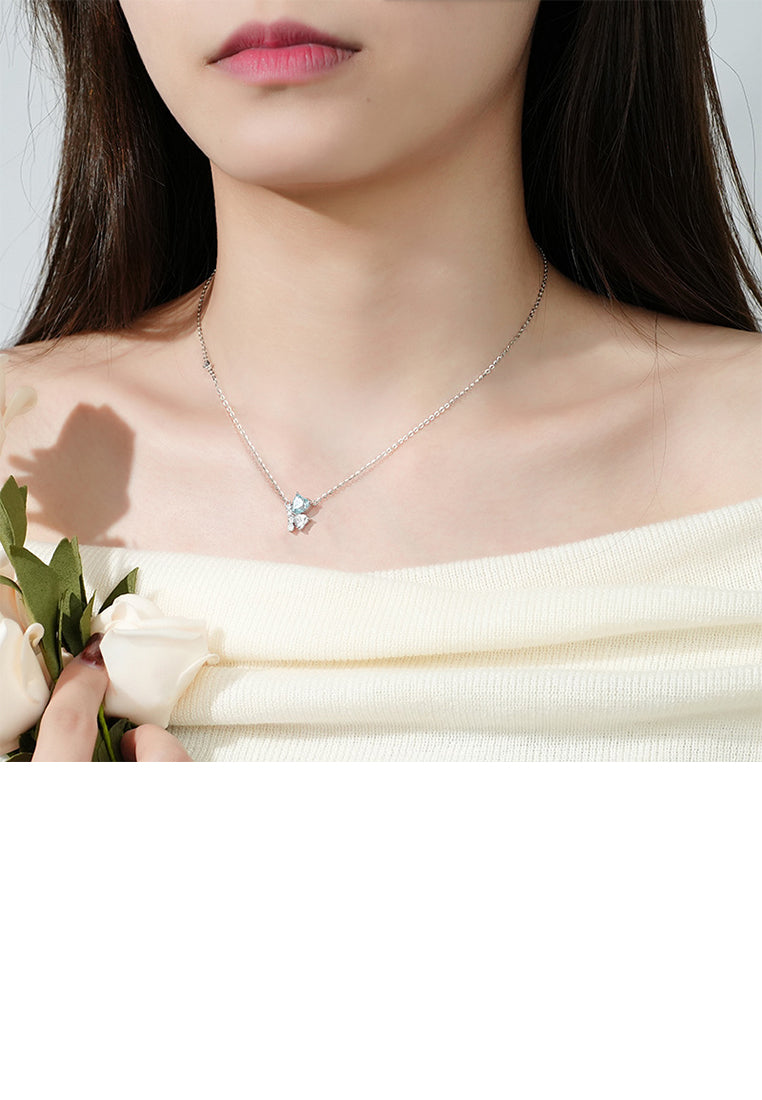 925 Sterling Silver Fashion Brilliant Butterfly Pendant with Blue Cubic Zirconia and Necklace - Luxurious Look