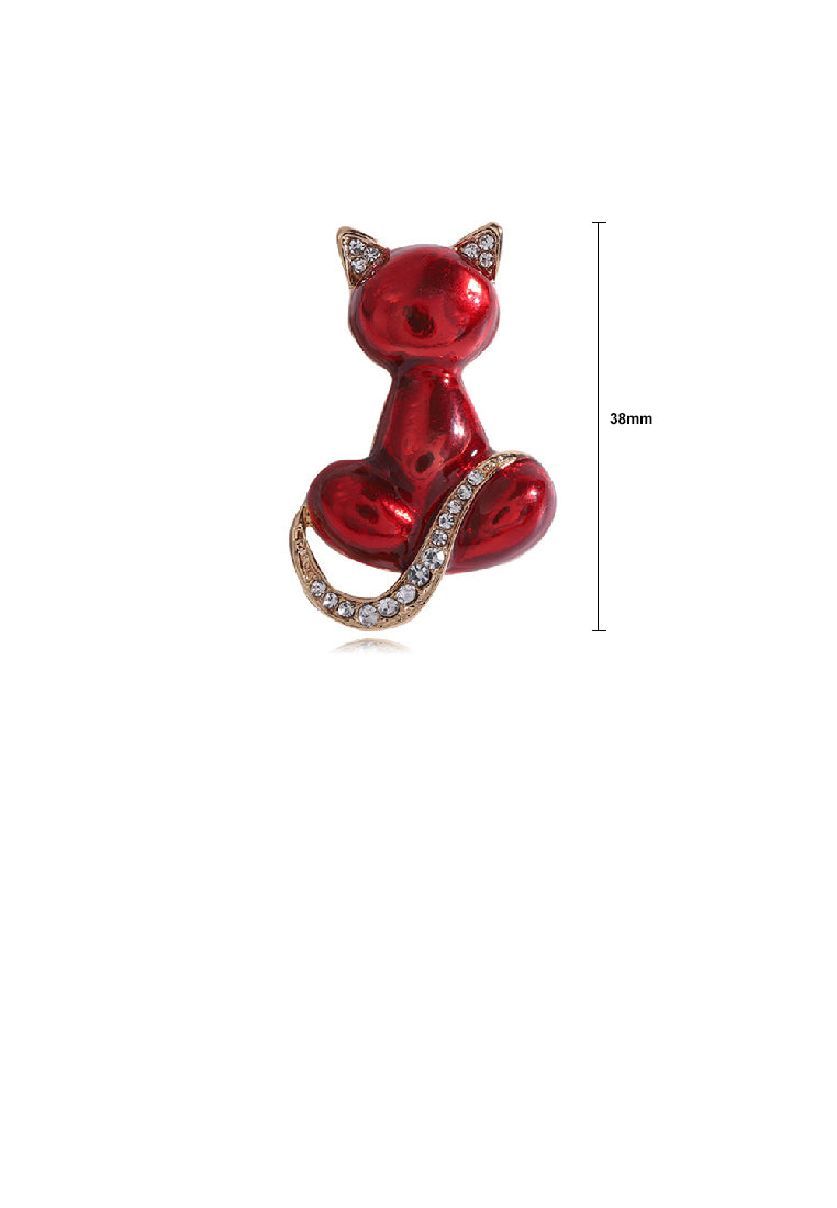Simple Lovely Plated Gold Enamel Red Cat Brooch with Cubic Zirconia - Luxurious Look - Vibrant Color