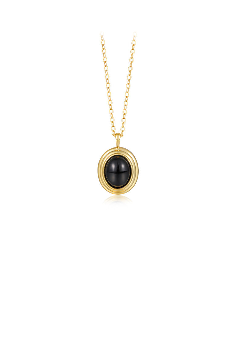 925 Sterling Silver Plated Gold Simple and Fashion Black Imitation Agate Geometric Oval Pendant with Necklace