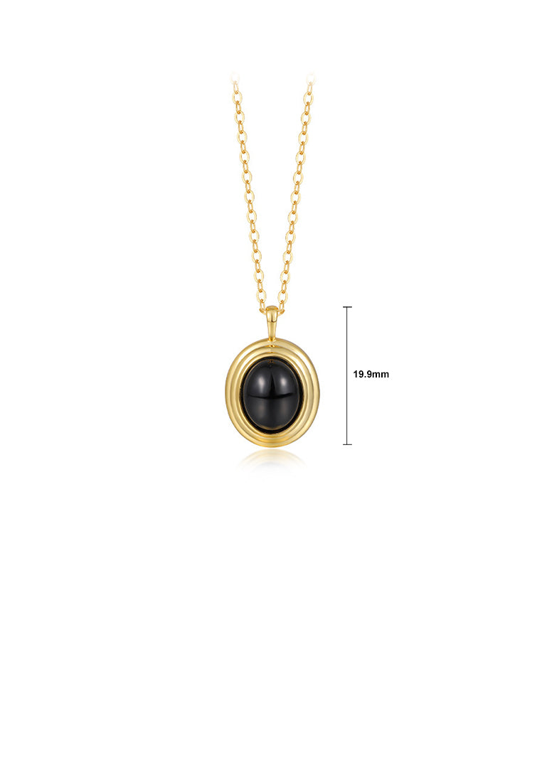 925 Sterling Silver Plated Gold Simple and Fashion Black Imitation Agate Geometric Oval Pendant with Necklace