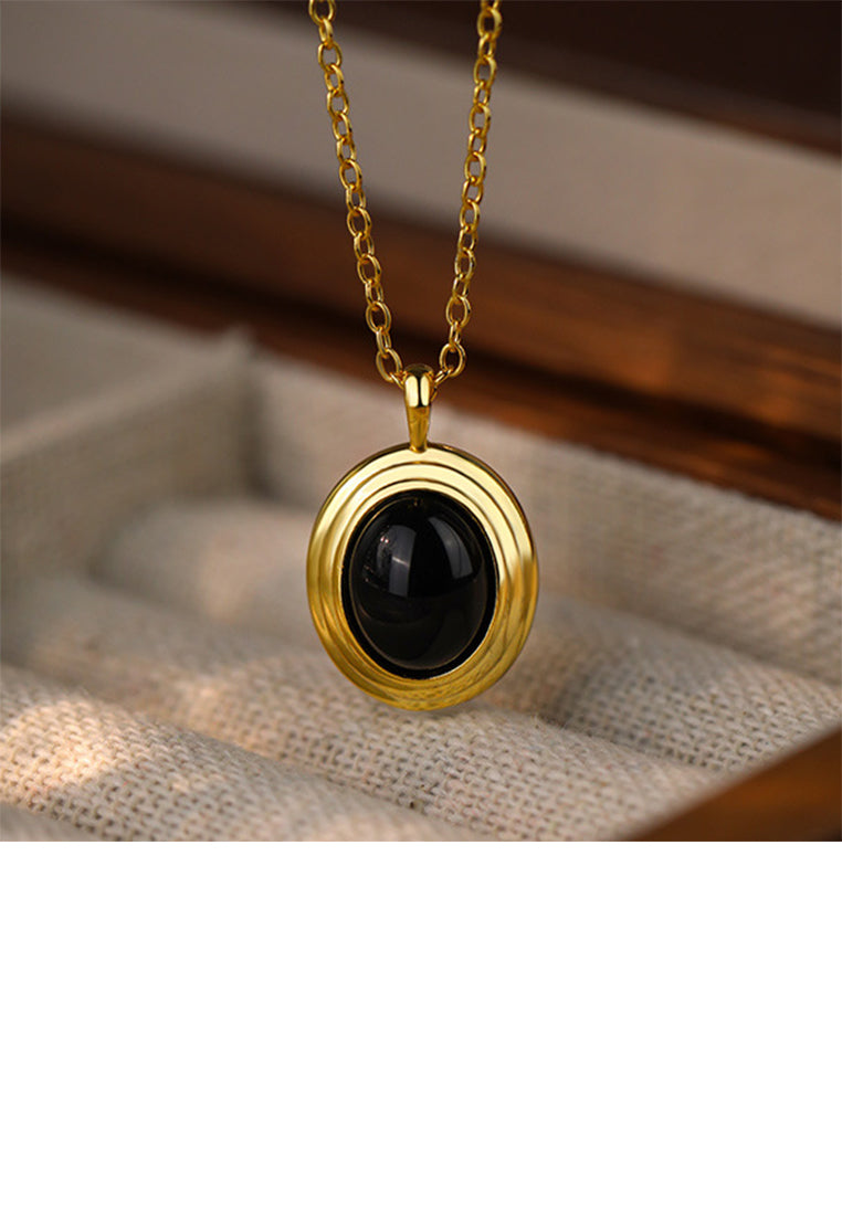 925 Sterling Silver Plated Gold Simple and Fashion Black Imitation Agate Geometric Oval Pendant with Necklace