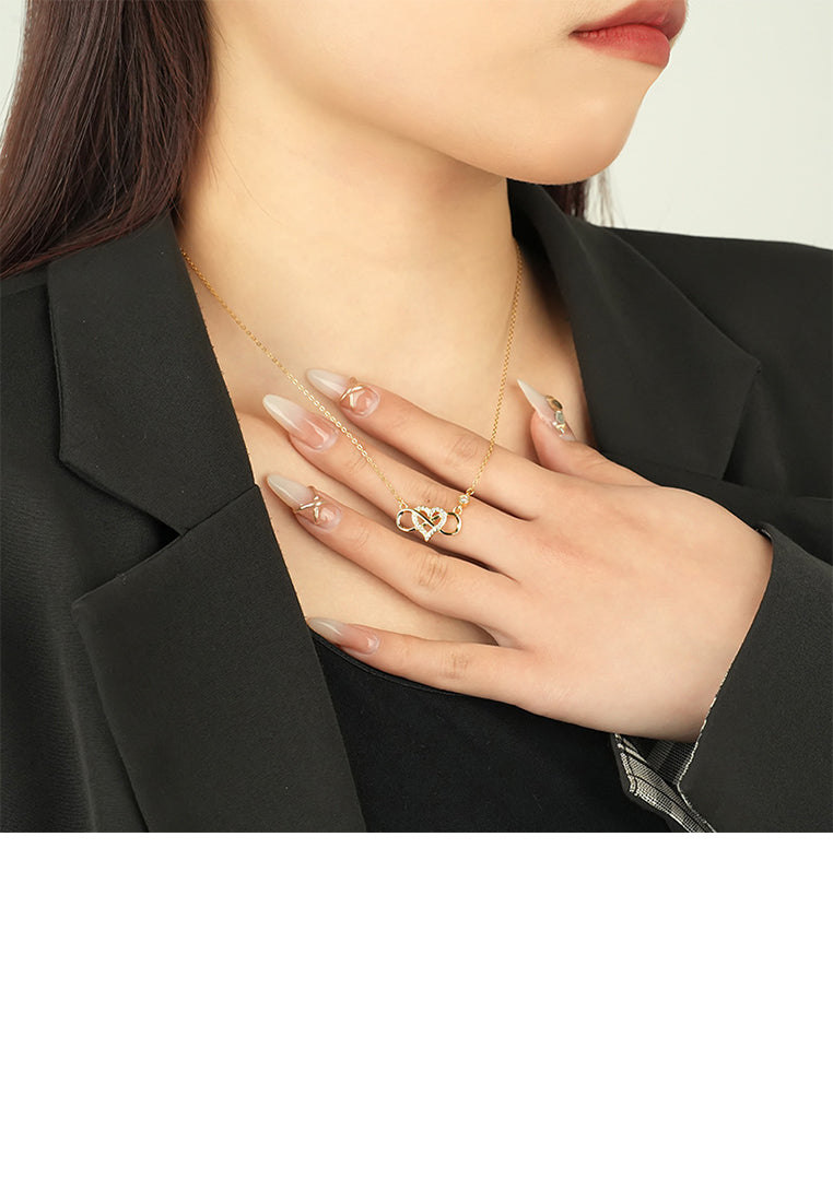 925 Sterling Silver Plated Gold Simple Romantic Heart Infinity Symbol Pendant with Cubic Zirconia and Necklace - Luxurious Look