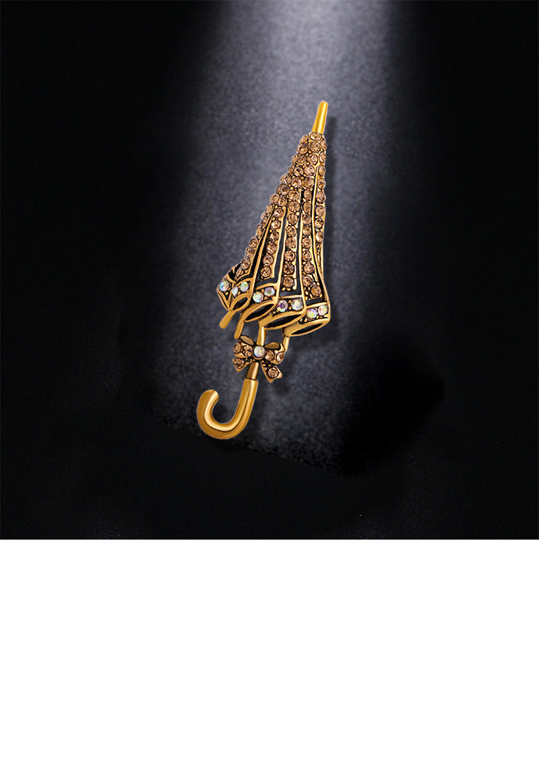 Fashion Brilliant Plated Gold Umbrella Brooch with Champagne Cubic Zirconia - Luxurious Look