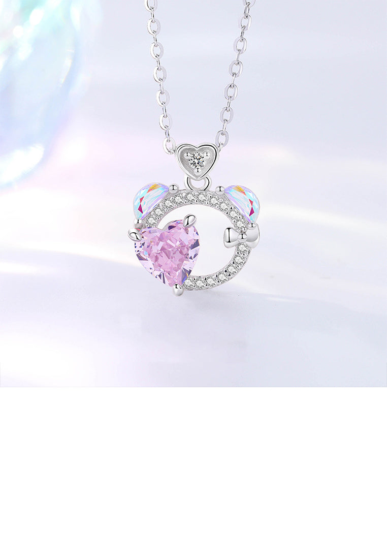 925 Sterling Silver Sweet and Cute Heart-shaped Bear Pendant with Cubic Zirconia and Necklace - Luxurious Look