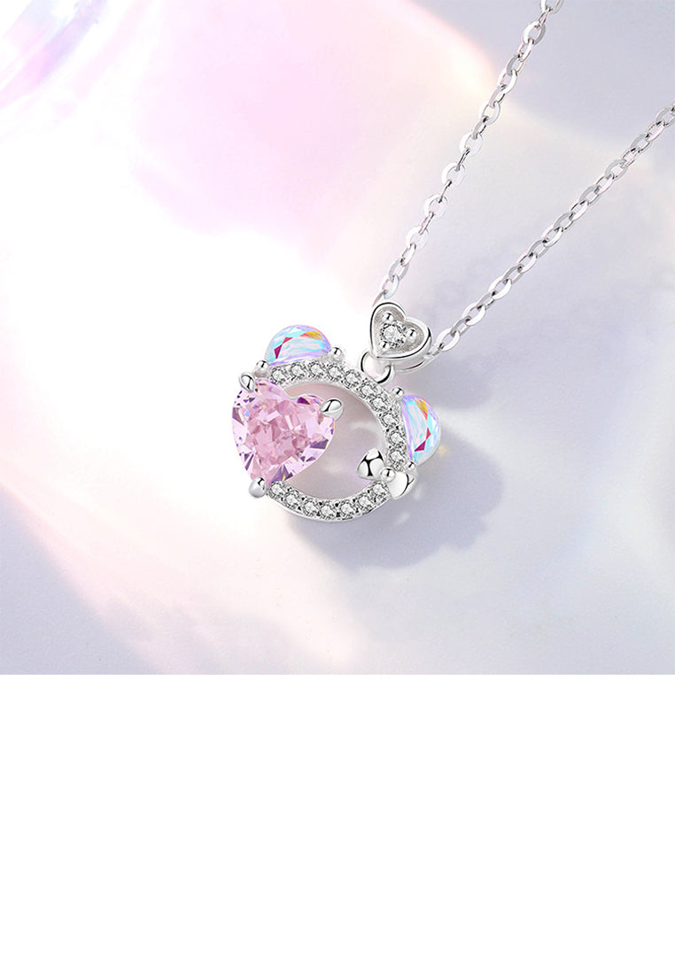925 Sterling Silver Sweet and Cute Heart-shaped Bear Pendant with Cubic Zirconia and Necklace - Luxurious Look