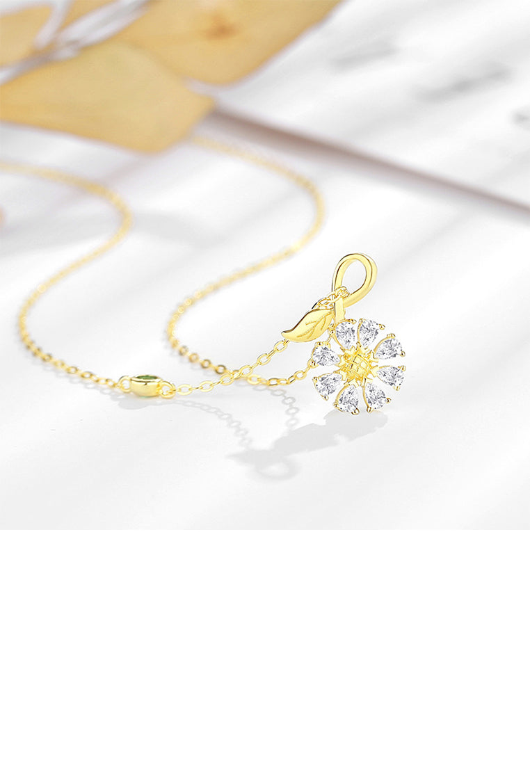 925 Sterling Silver Plated Gold Fashion Simple Sunflower Pendant with Cubic Zirconia and Necklace - Luxurious Look