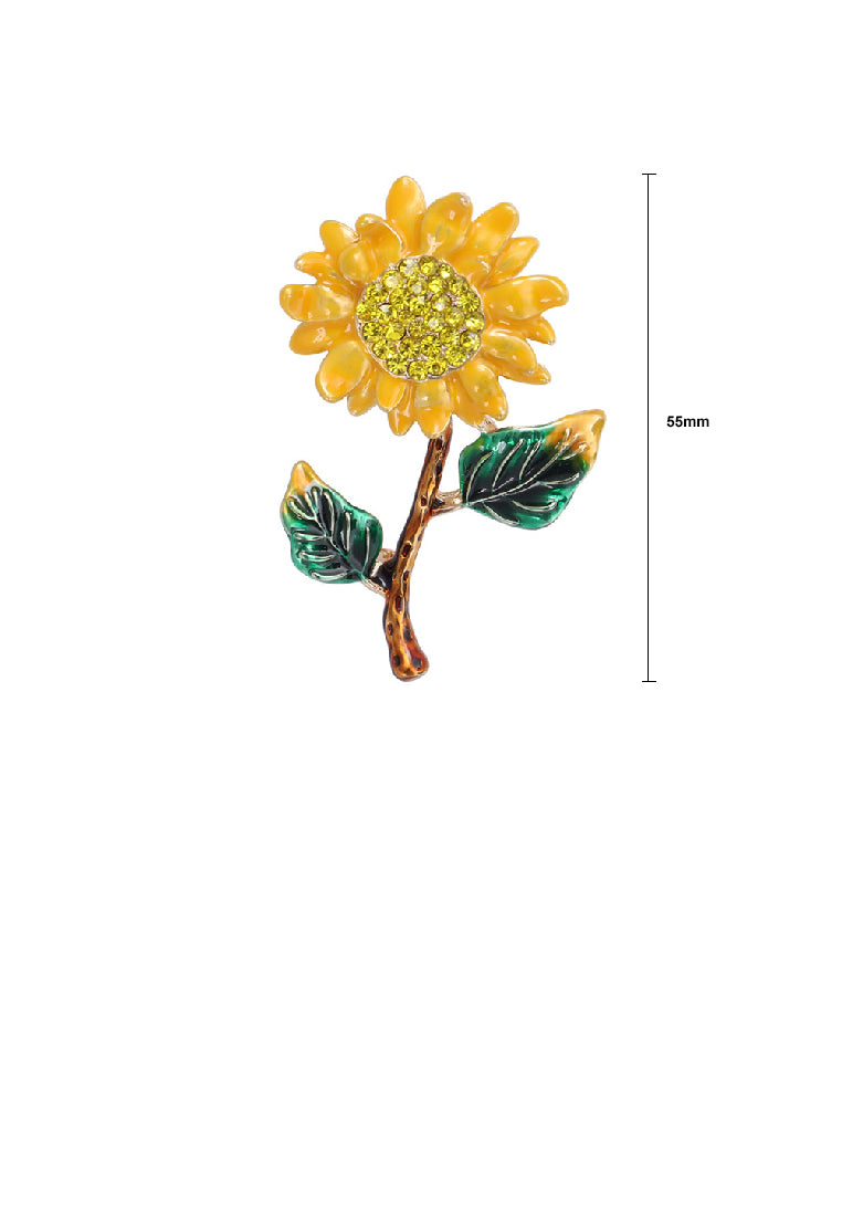 Fashion Elegant Plated Gold Enamel Sunflower Brooch with Cubic Zirconia - Luxurious Look