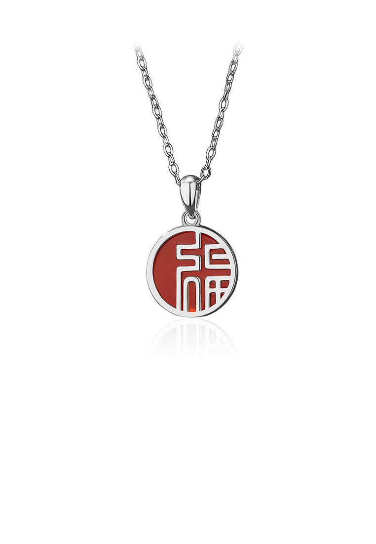 925 Sterling Silver Simple Chinese Style Blessing Character Round Imitation Agate Pendant with Necklace
