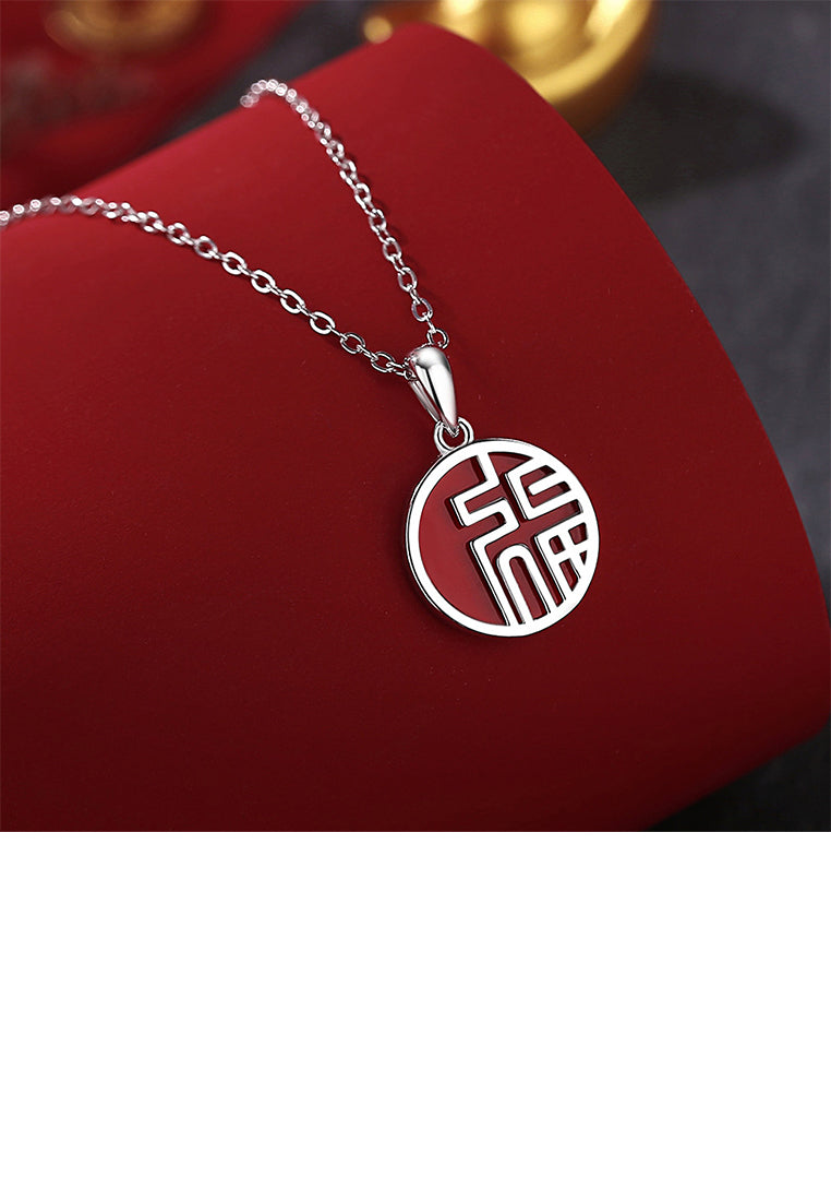 925 Sterling Silver Simple Chinese Style Blessing Character Round Imitation Agate Pendant with Necklace