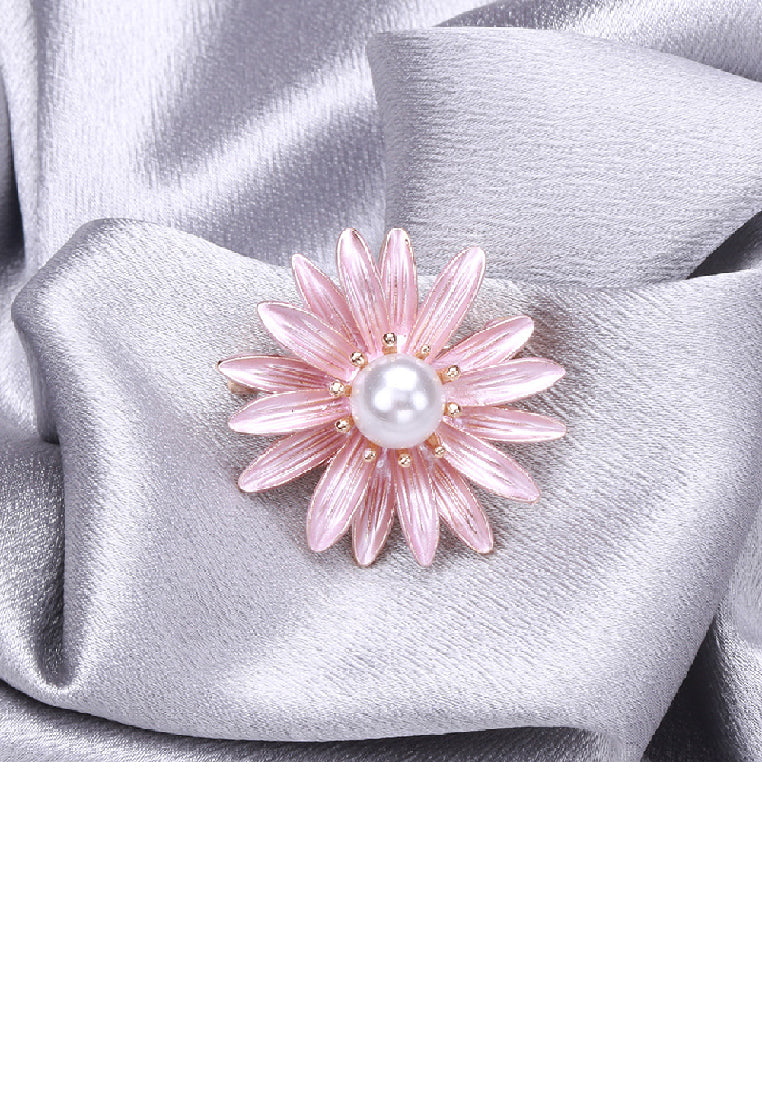 Fashion Temperament Plated Gold Enamel Pink Daisy Brooch with Imitation Pearls - Vibrant Color