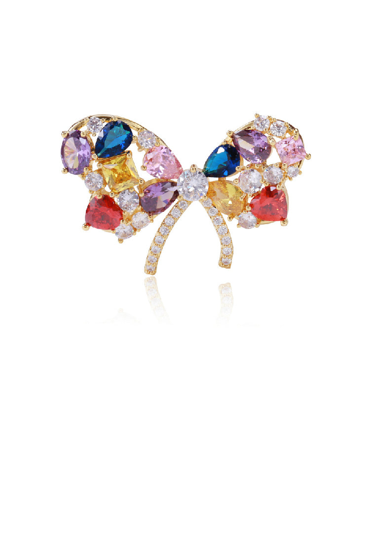 Fashion Brilliant Plated Gold Butterfly Brooch with Colored Cubic Zirconia - Luxurious Look