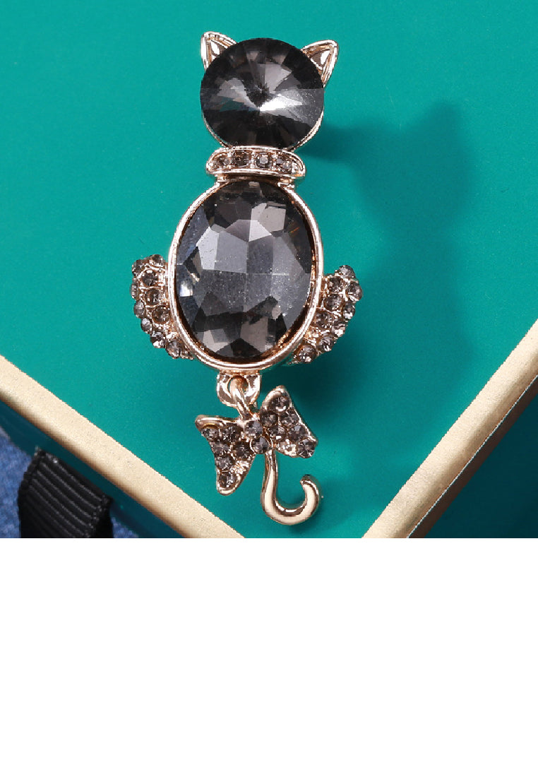 Simple Lovely Plated Gold Cat Brooch with Grey Cubic Zirconia - Luxurious Look