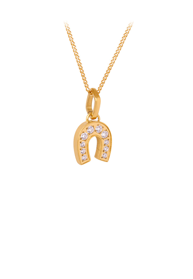 Simple and Fashion Plated Gold 316L Stainless Steel U-shaped Geometric Pendant with Cubic Zirconia and Necklace - Luxurious Look