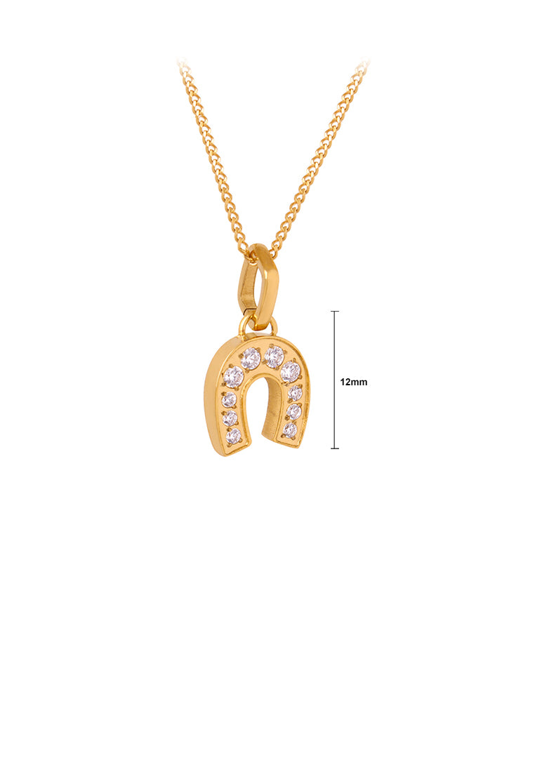 Simple and Fashion Plated Gold 316L Stainless Steel U-shaped Geometric Pendant with Cubic Zirconia and Necklace - Luxurious Look