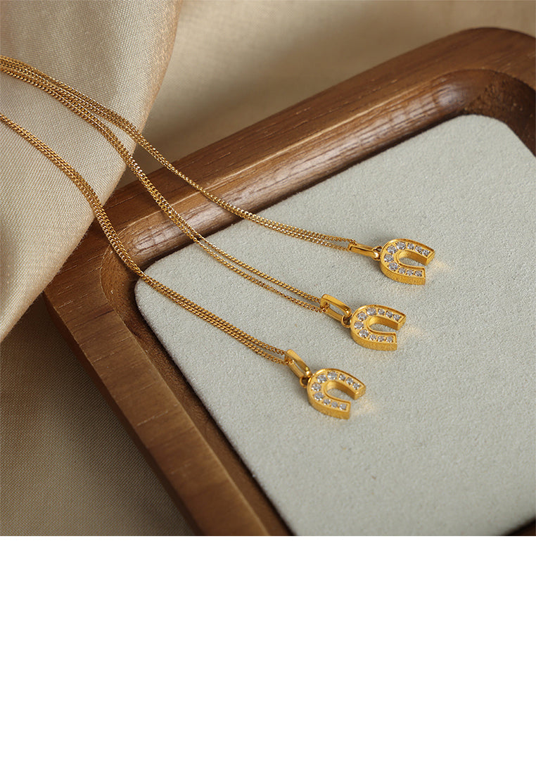 Simple and Fashion Plated Gold 316L Stainless Steel U-shaped Geometric Pendant with Cubic Zirconia and Necklace - Luxurious Look